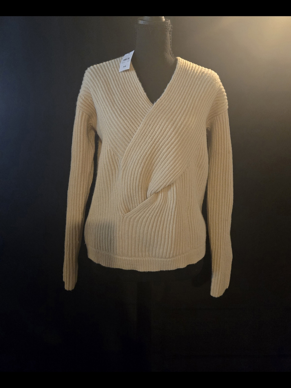 Ann Taylor Beige Ribbed Twist-Front V-Neck Sweater